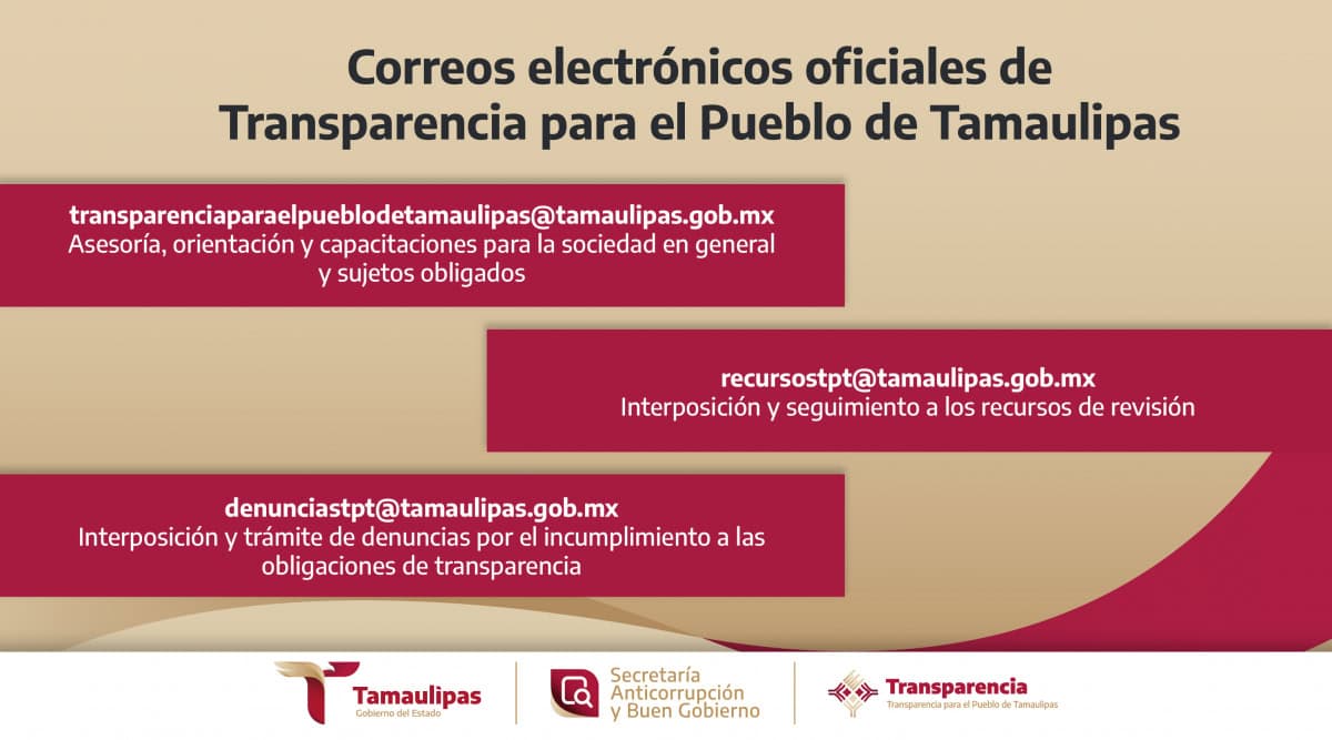 Correos electrónicos oficiales de Transparencia para el Pueblo de Tamaulipas