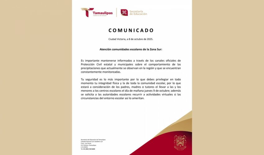 Comunicado de la Secretaría de Educación de Tamaulipas